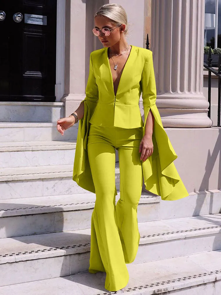Two Piece Flare Sleeve Blazers Bell Bottom Pants Sets