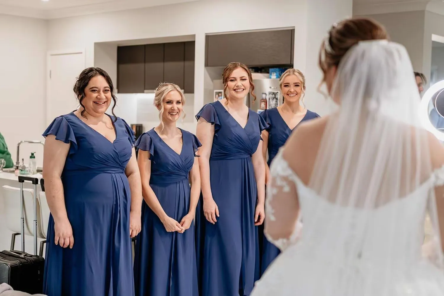 V Neck Chiffon Bridesmaid Dresses Long with Slit Ruffled Sleeve A-Line Formal Gowns for Women with Pockets