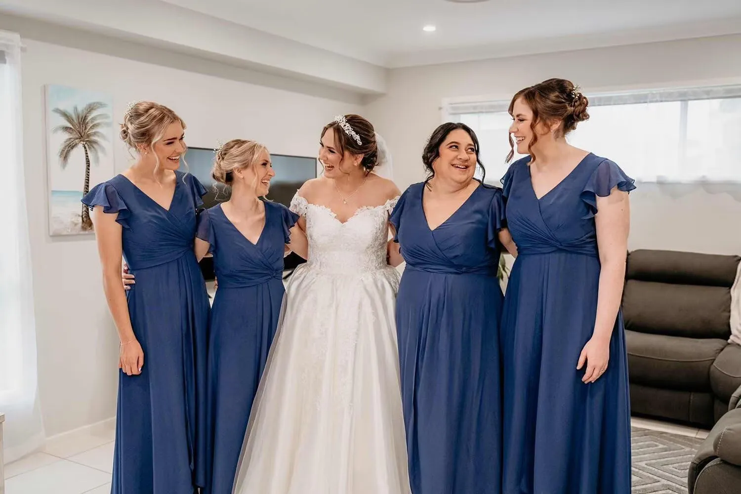 V Neck Chiffon Bridesmaid Dresses Long with Slit Ruffled Sleeve A-Line Formal Gowns for Women with Pockets