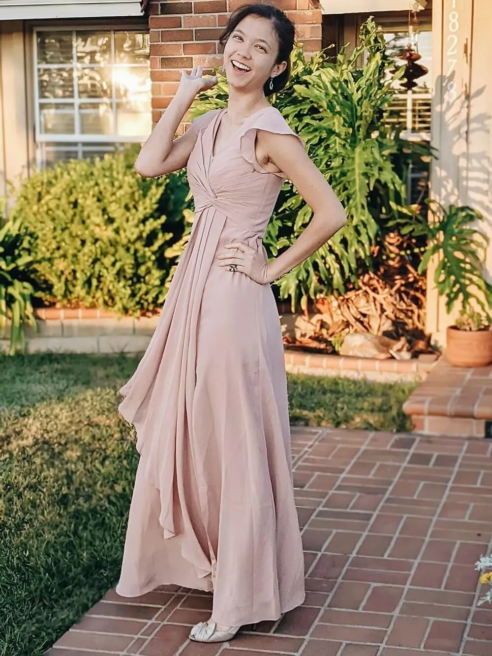 V Neck Chiffon Bridesmaid Dresses Long with Slit Ruffled Sleeve A-Line Formal Gowns for Women with Pockets