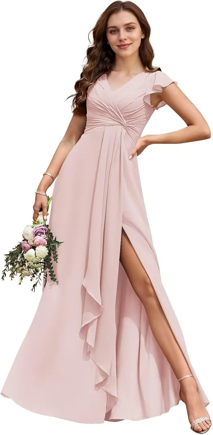V Neck Chiffon Bridesmaid Dresses Long with Slit Ruffled Sleeve A-Line Formal Gowns for Women with Pockets
