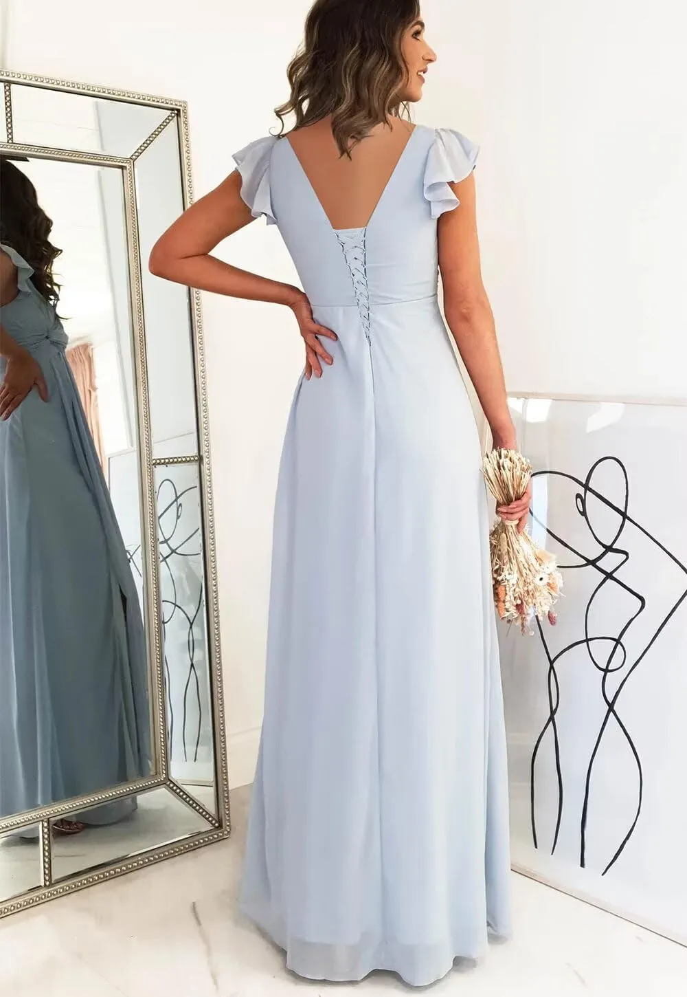 V Neck Chiffon Bridesmaid Dresses Long with Slit Ruffled Sleeve A-Line Formal Gowns for Women with Pockets
