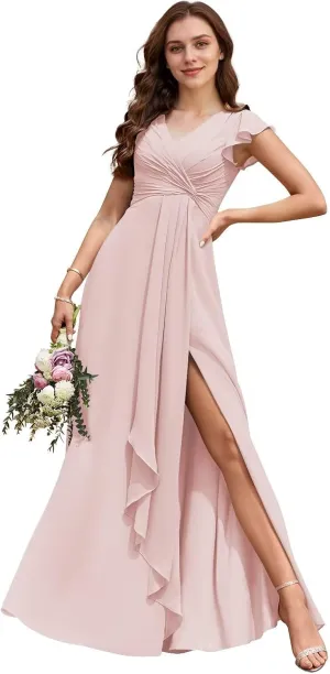 V Neck Chiffon Bridesmaid Dresses Long with Slit Ruffled Sleeve A-Line Formal Gowns for Women with Pockets