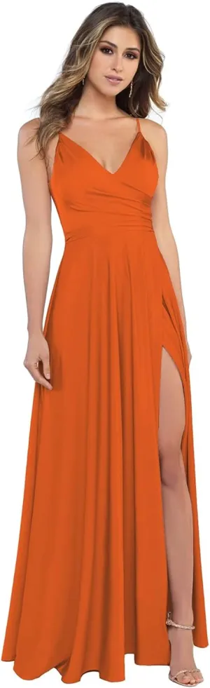 V Neck Satin Bridesmaid Dresses Long for Women Spaghetti Straps Prom Party Formal Gowns with Pockets