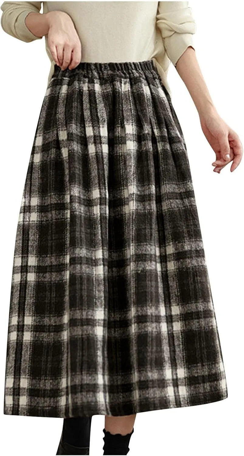 Vintage Long Plaid Wool Skirt Womens Fall Winter Elastic High Waist A line Pleated Skirts Midi Flared Tartan Skirt
