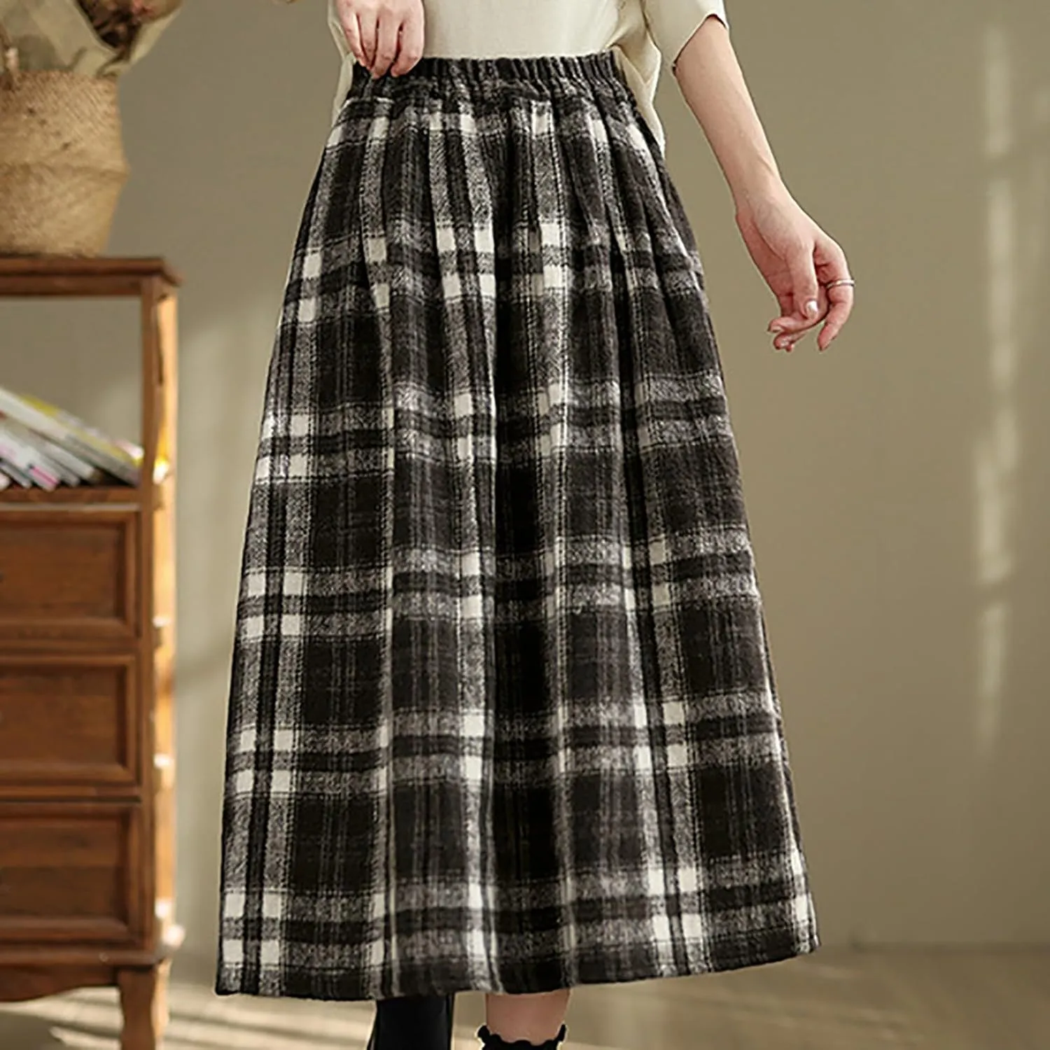Vintage Long Plaid Wool Skirt Womens Fall Winter Elastic High Waist A line Pleated Skirts Midi Flared Tartan Skirt