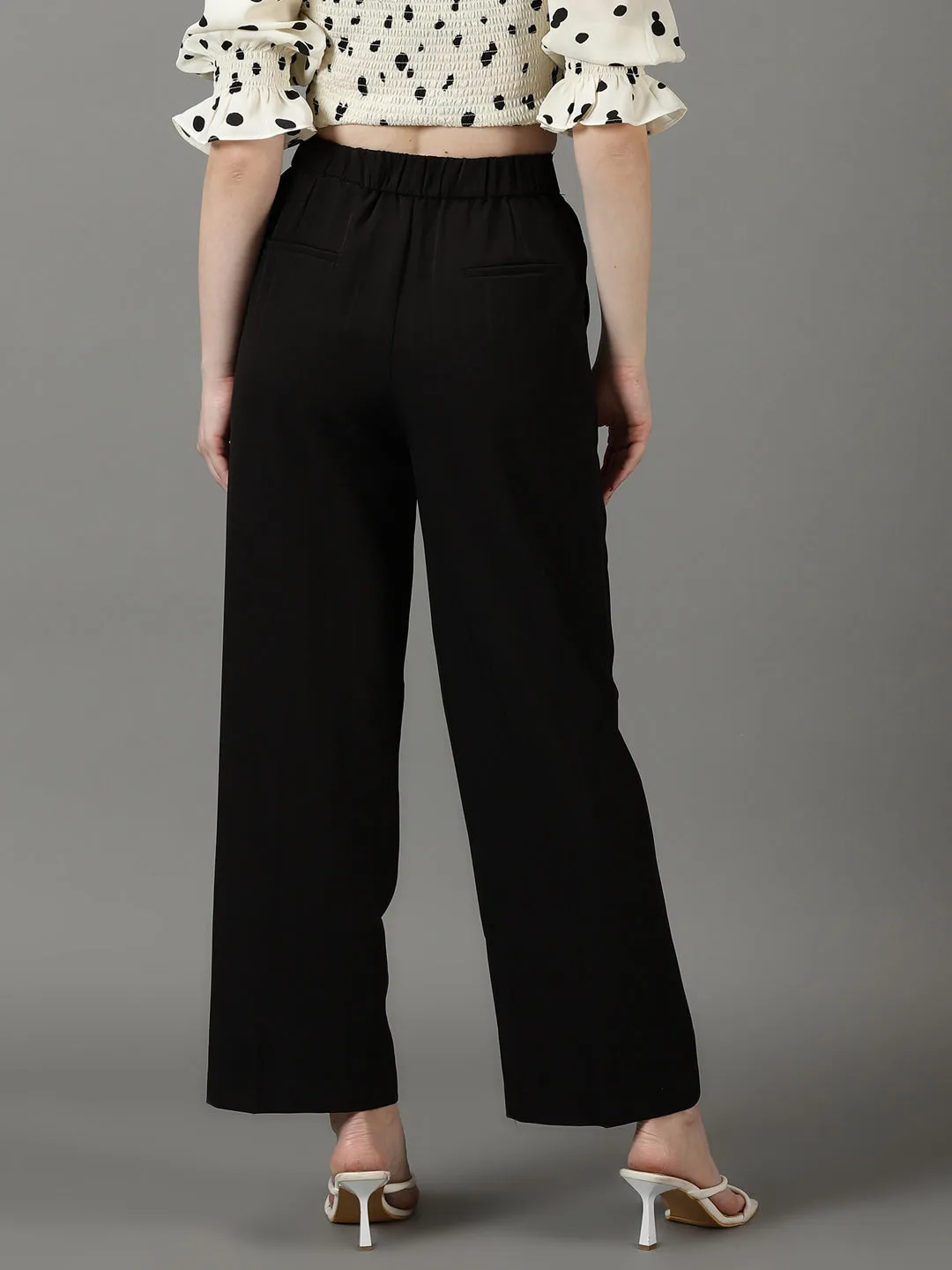 Women Black Striped High-Rise Relaxed Fit Parallel Trousers