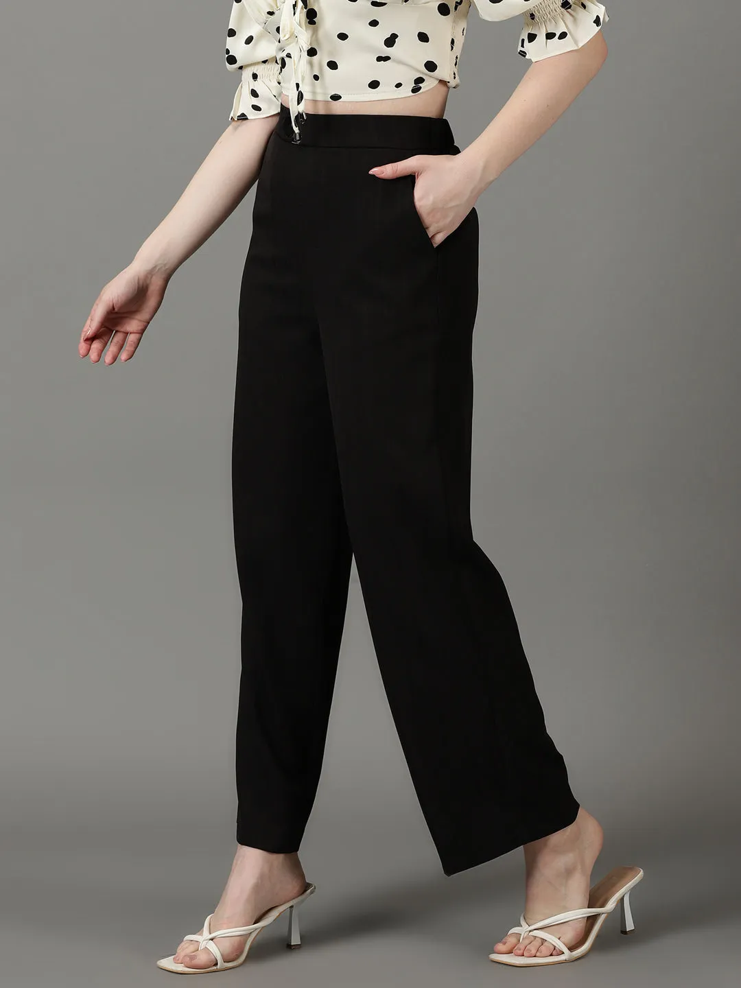 Women Black Striped High-Rise Relaxed Fit Parallel Trousers
