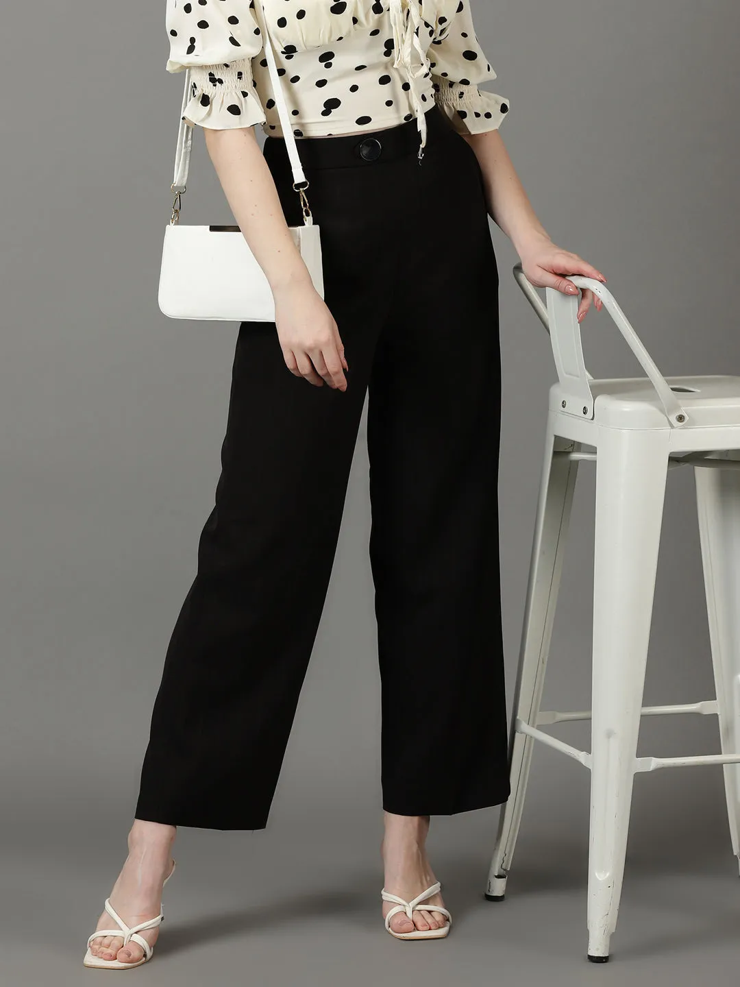 Women Black Striped High-Rise Relaxed Fit Parallel Trousers
