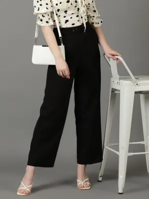 Women Black Striped High-Rise Relaxed Fit Parallel Trousers