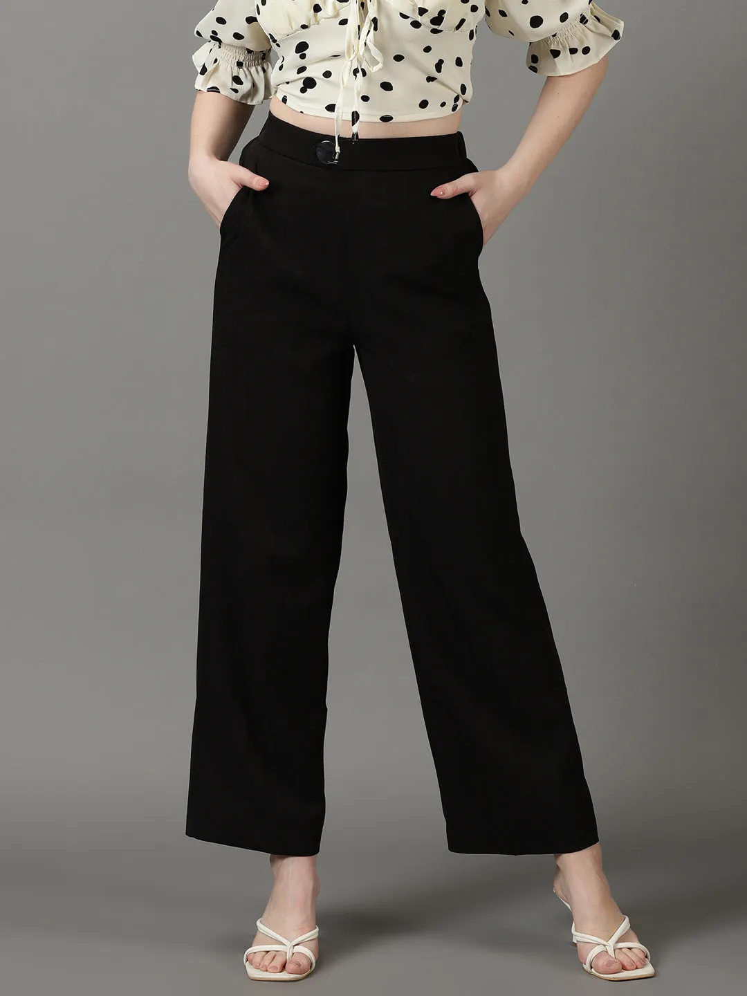 Women Black Striped High-Rise Relaxed Fit Parallel Trousers