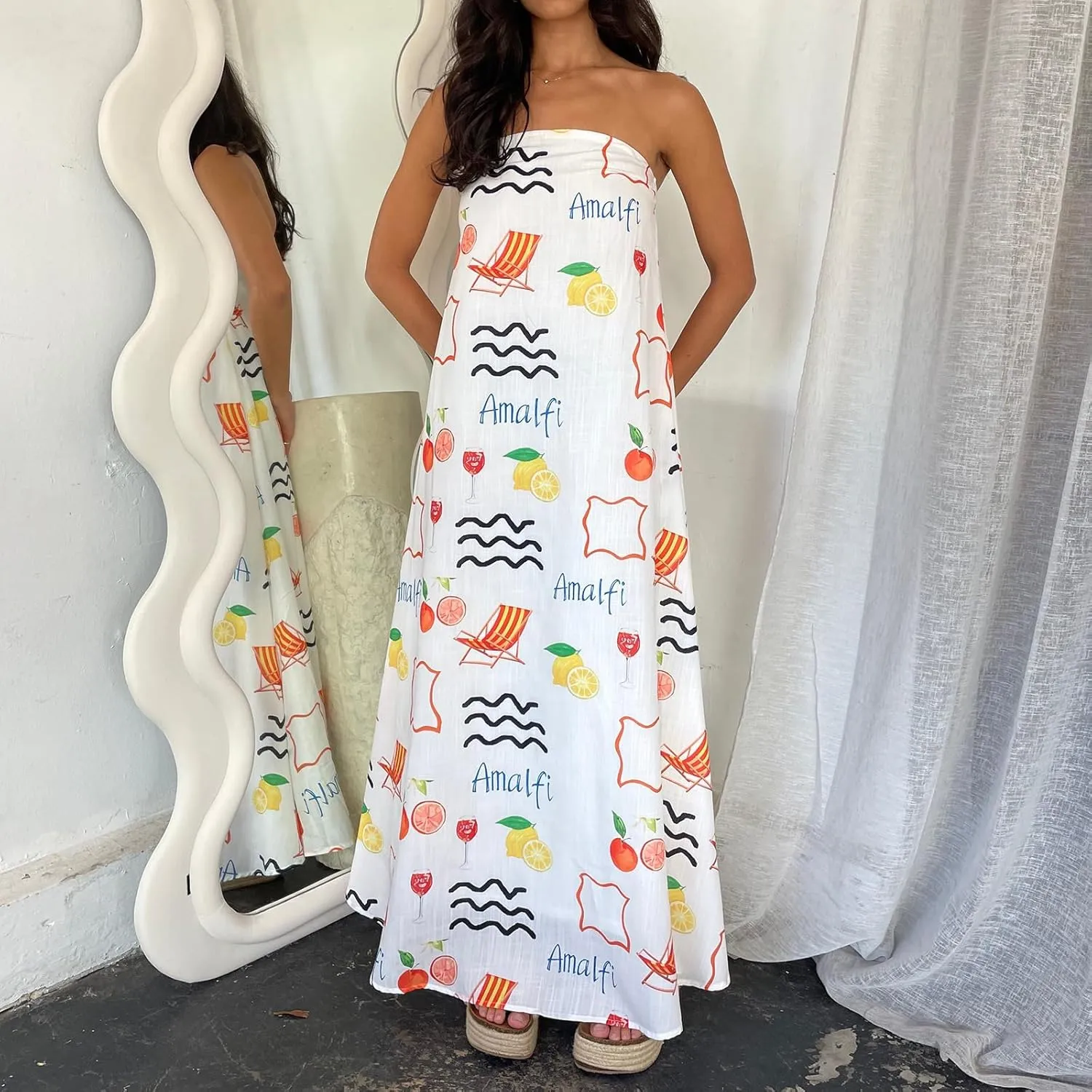 Women Boho Graffiti Tube Dress Graphic Strapless Flowy A Line Dress Y2k tube dresses for women Summer Beach Sundress
