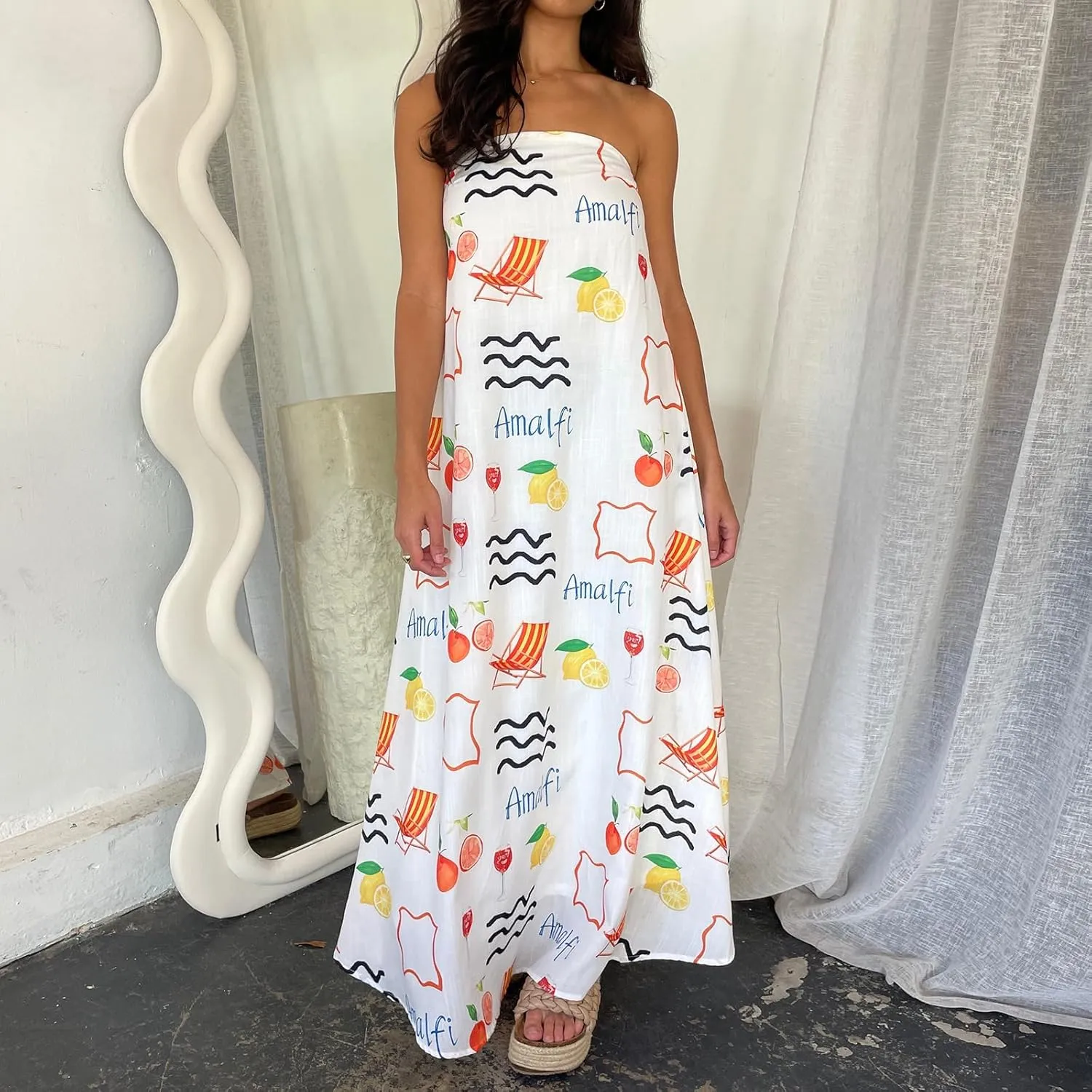 Women Boho Graffiti Tube Dress Graphic Strapless Flowy A Line Dress Y2k tube dresses for women Summer Beach Sundress