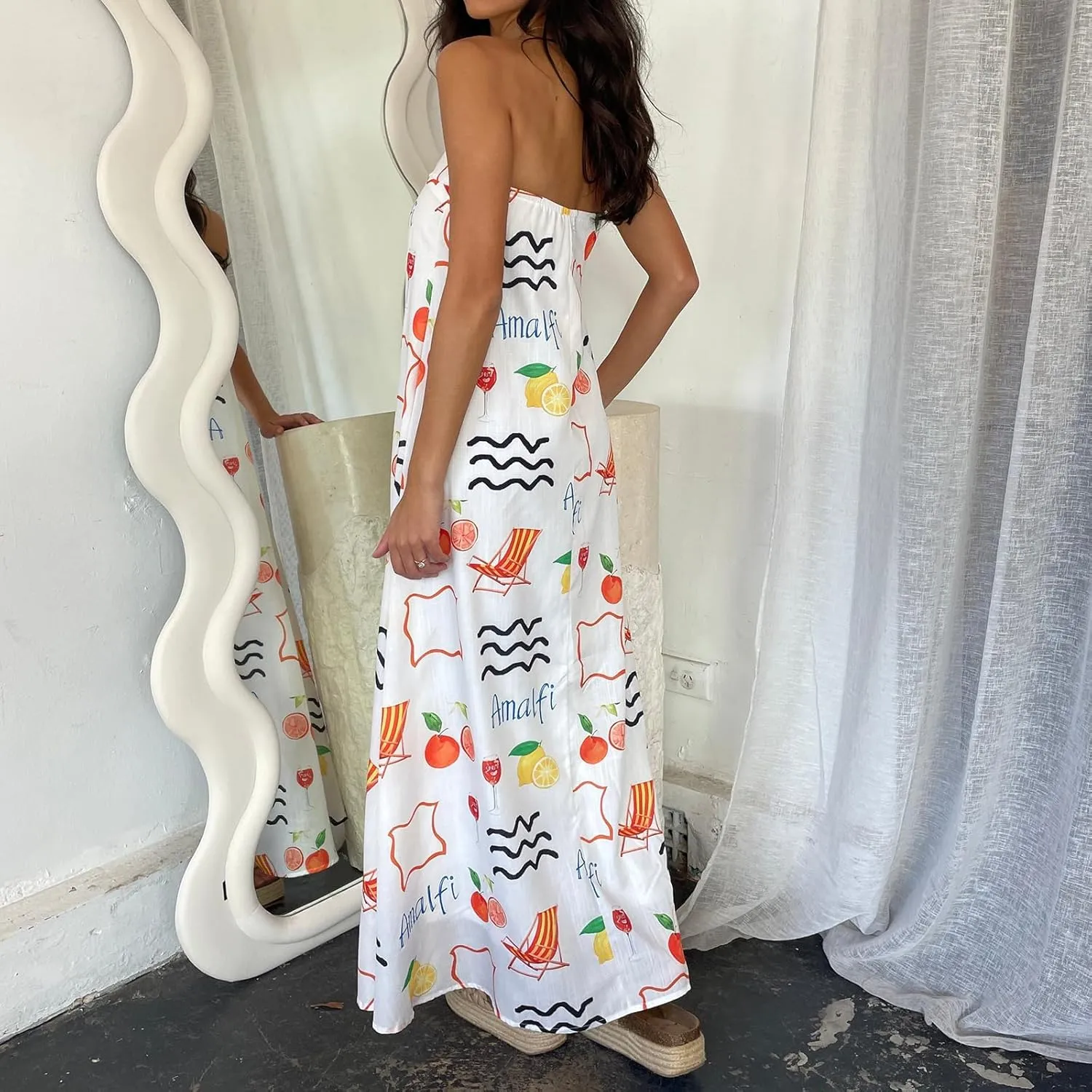 Women Boho Graffiti Tube Dress Graphic Strapless Flowy A Line Dress Y2k tube dresses for women Summer Beach Sundress