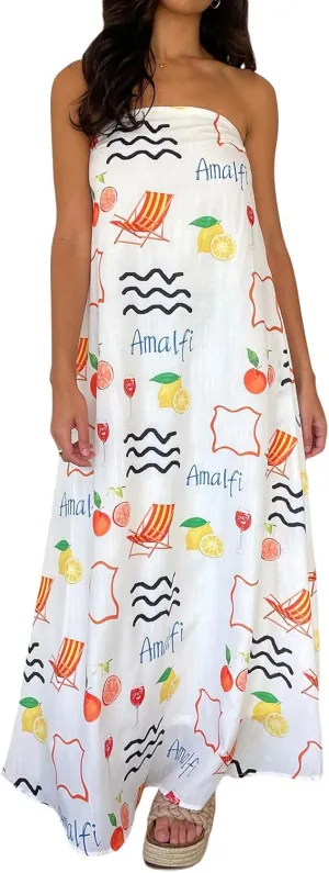 Women Boho Graffiti Tube Dress Graphic Strapless Flowy A Line Dress Y2k tube dresses for women Summer Beach Sundress
