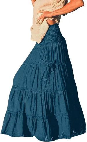 Women Boho Maxi Skirts Western A Line Elastic High Waist Pleated Ruffle Flowy Long Beach Skirts with Pockets