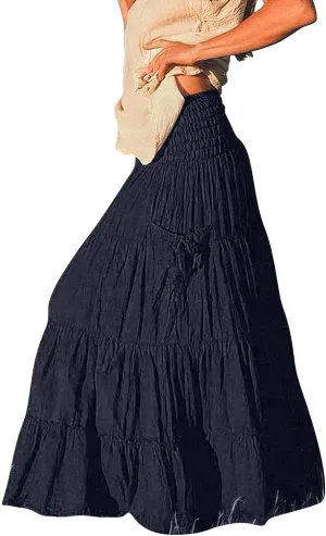 Women Boho Maxi Skirts Western A Line Elastic High Waist Pleated Ruffle Flowy Long Beach Skirts with Pockets