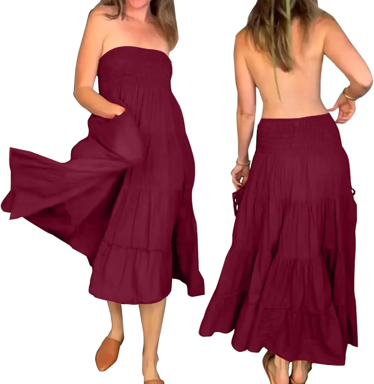 Women Boho Maxi Skirts Western A Line Elastic High Waist Pleated Ruffle Flowy Long Beach Skirts with Pockets