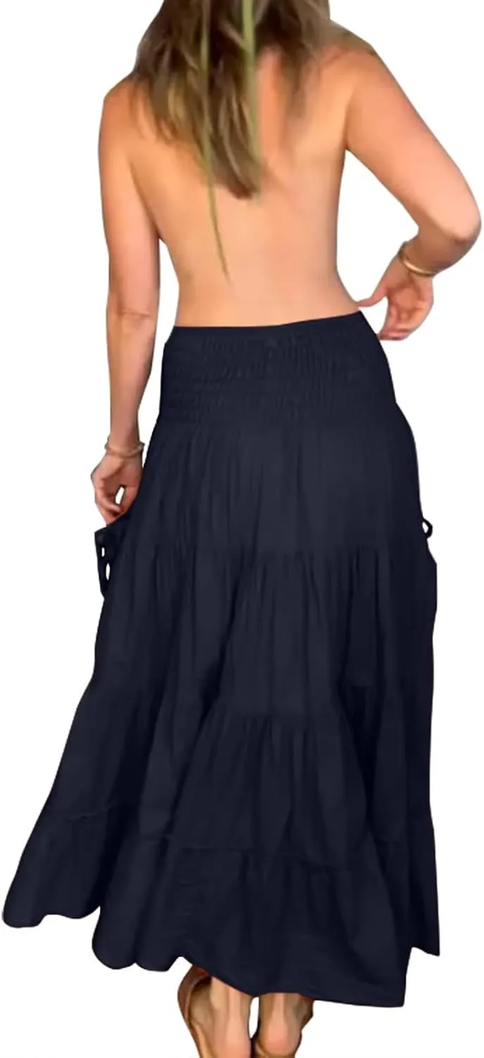 Women Boho Maxi Skirts Western A Line Elastic High Waist Pleated Ruffle Flowy Long Beach Skirts with Pockets