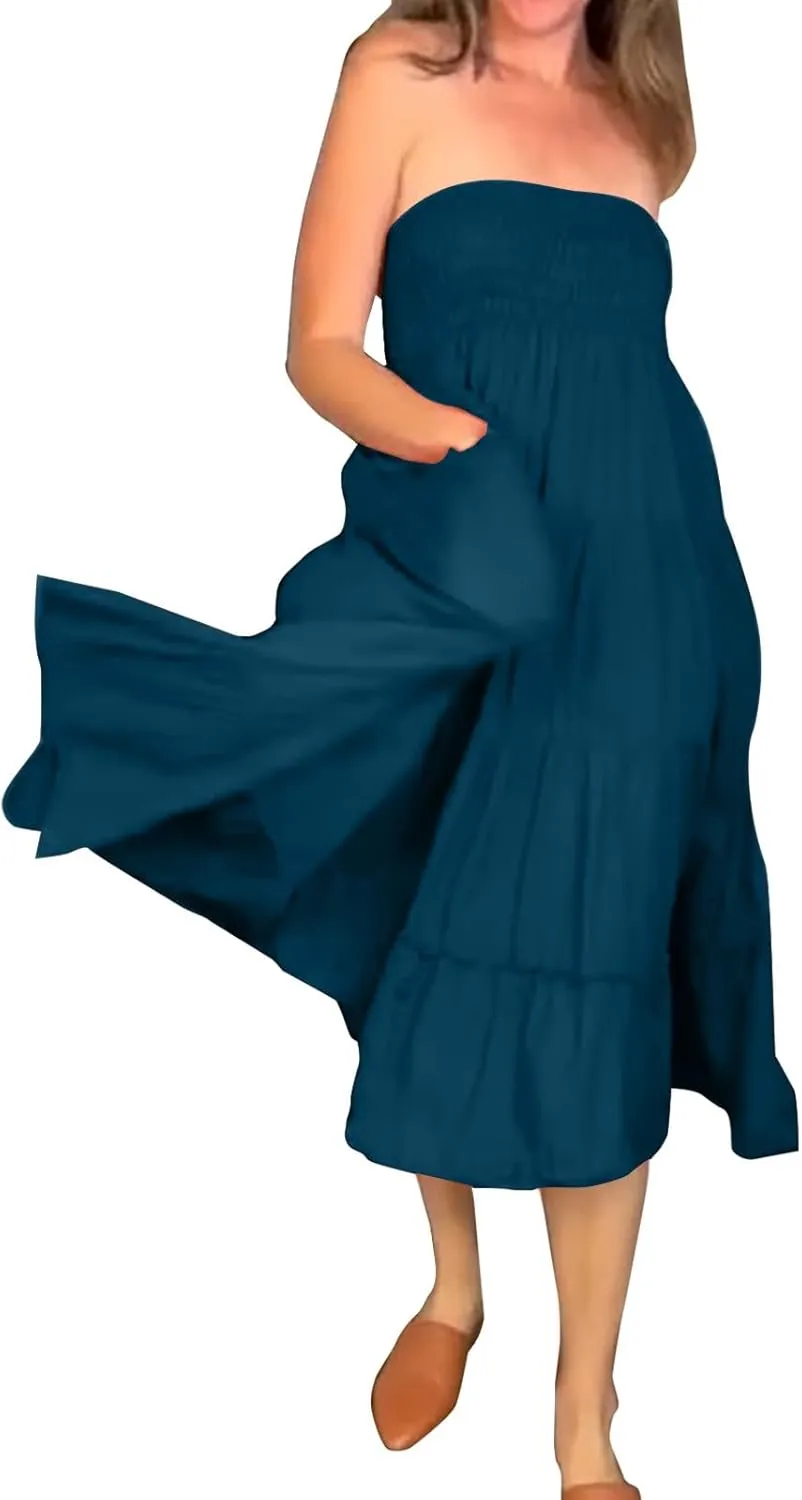 Women Boho Maxi Skirts Western A Line Elastic High Waist Pleated Ruffle Flowy Long Beach Skirts with Pockets