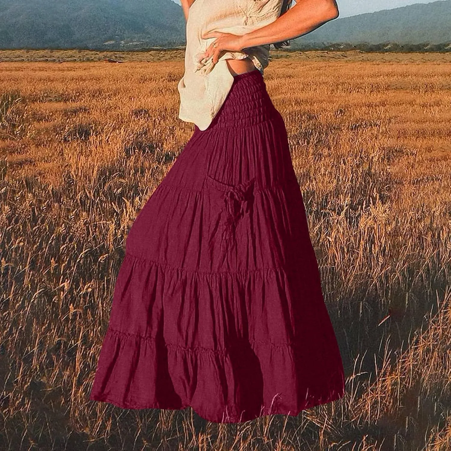 Women Boho Maxi Skirts Western A Line Elastic High Waist Pleated Ruffle Flowy Long Beach Skirts with Pockets