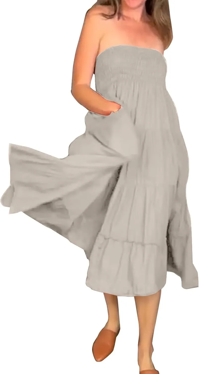 Women Boho Maxi Skirts Western A Line Elastic High Waist Pleated Ruffle Flowy Long Beach Skirts with Pockets