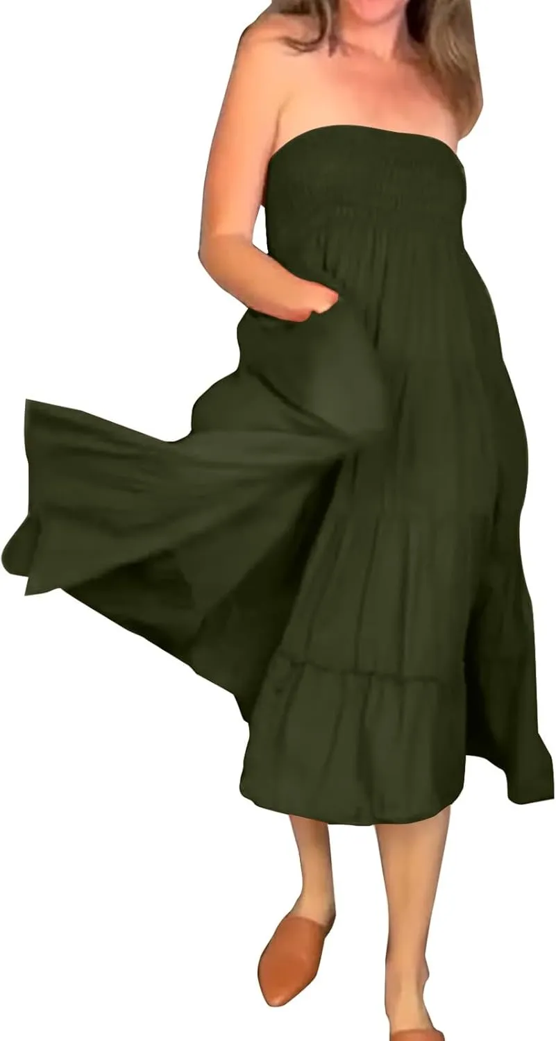 Women Boho Maxi Skirts Western A Line Elastic High Waist Pleated Ruffle Flowy Long Beach Skirts with Pockets