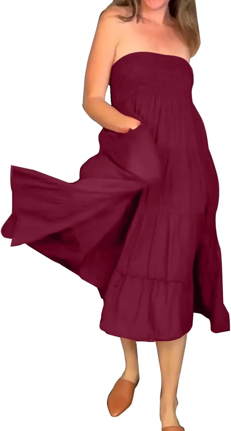 Women Boho Maxi Skirts Western A Line Elastic High Waist Pleated Ruffle Flowy Long Beach Skirts with Pockets