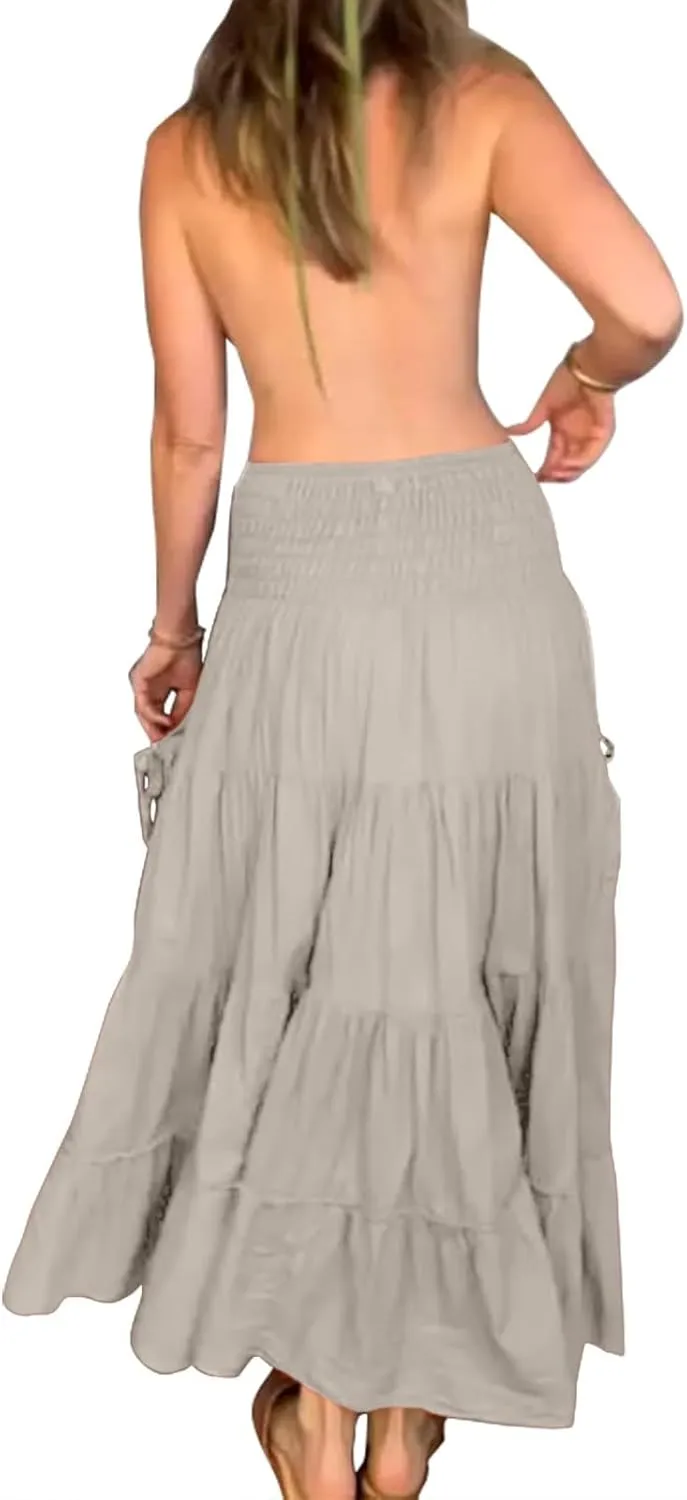 Women Boho Maxi Skirts Western A Line Elastic High Waist Pleated Ruffle Flowy Long Beach Skirts with Pockets