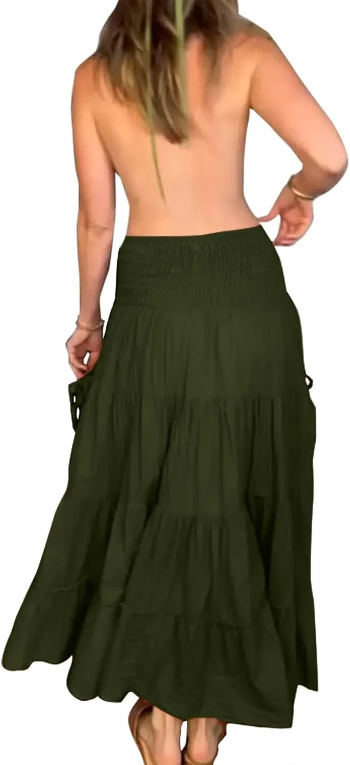 Women Boho Maxi Skirts Western A Line Elastic High Waist Pleated Ruffle Flowy Long Beach Skirts with Pockets