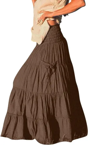 Women Boho Maxi Skirts Western A Line Elastic High Waist Pleated Ruffle Flowy Long Beach Skirts with Pockets