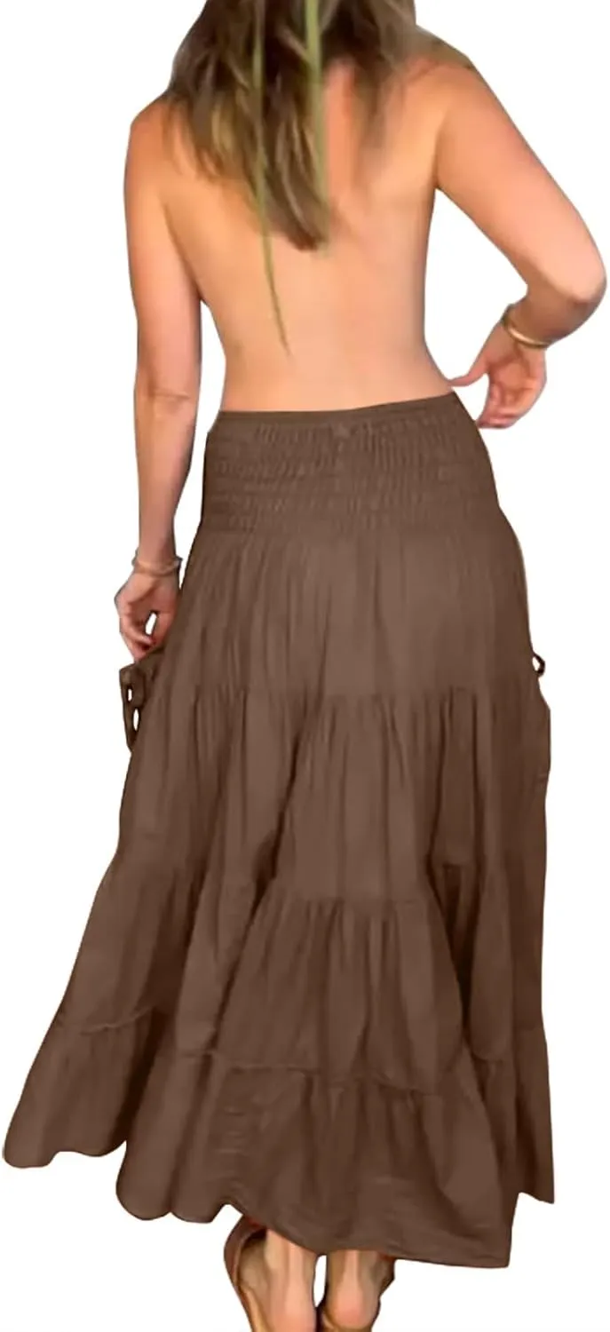 Women Boho Maxi Skirts Western A Line Elastic High Waist Pleated Ruffle Flowy Long Beach Skirts with Pockets