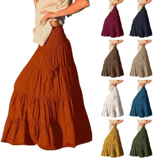 Women Boho Maxi Skirts Western A Line Elastic High Waist Pleated Ruffle Flowy Long Beach Skirts with Pockets