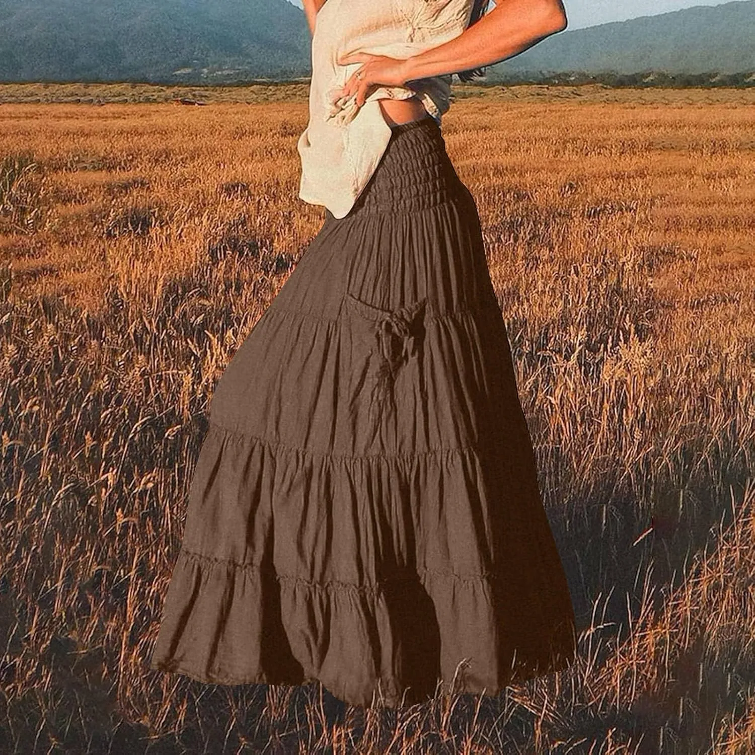 Women Boho Maxi Skirts Western A Line Elastic High Waist Pleated Ruffle Flowy Long Beach Skirts with Pockets
