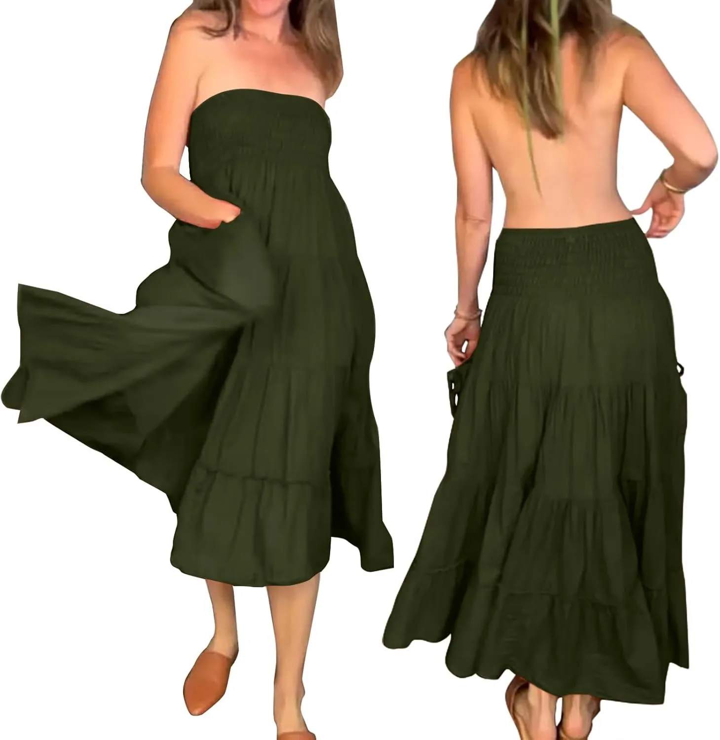 Women Boho Maxi Skirts Western A Line Elastic High Waist Pleated Ruffle Flowy Long Beach Skirts with Pockets