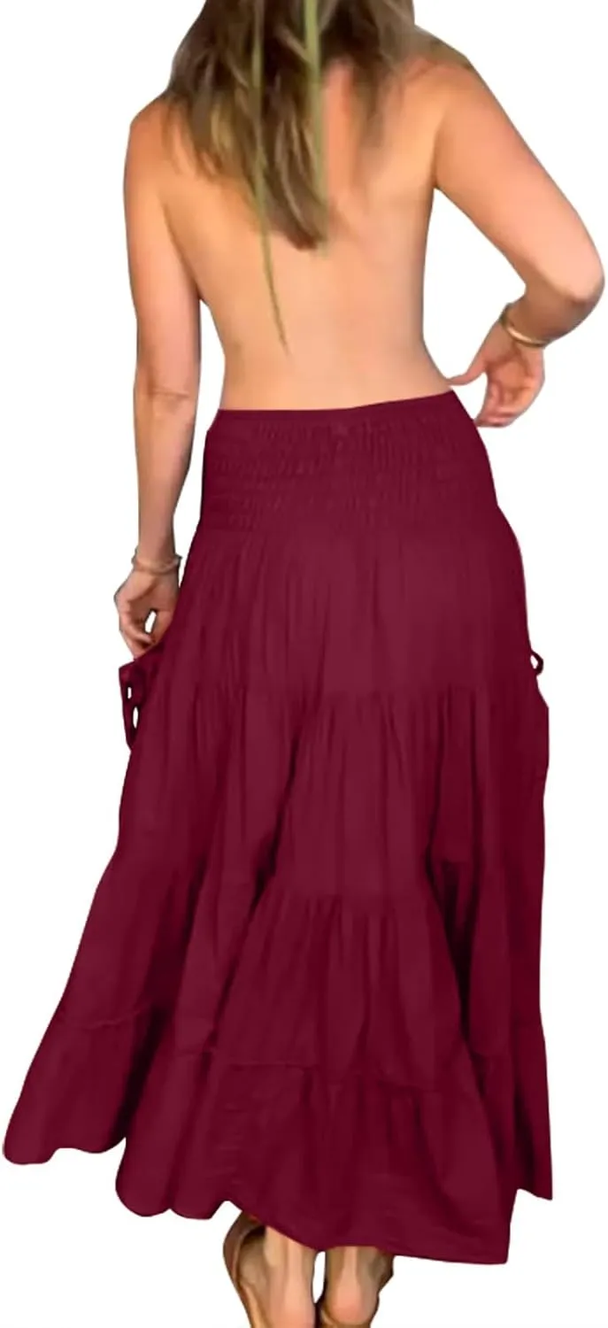 Women Boho Maxi Skirts Western A Line Elastic High Waist Pleated Ruffle Flowy Long Beach Skirts with Pockets
