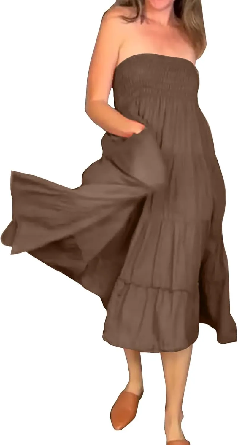 Women Boho Maxi Skirts Western A Line Elastic High Waist Pleated Ruffle Flowy Long Beach Skirts with Pockets
