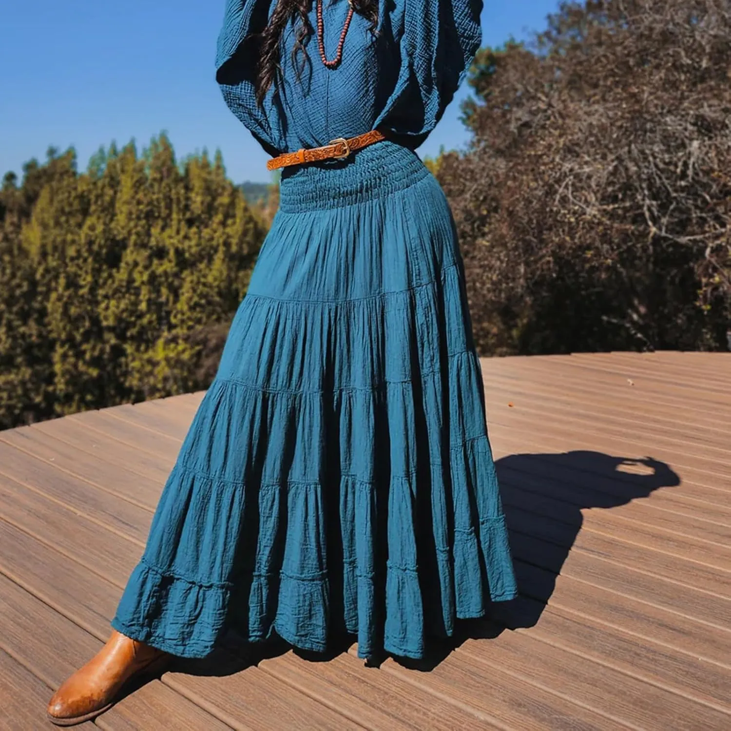 Women Boho Maxi Skirts Western A Line Elastic High Waist Pleated Ruffle Flowy Long Beach Skirts with Pockets