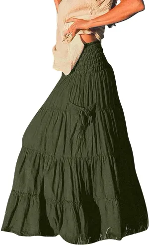 Women Boho Maxi Skirts Western A Line Elastic High Waist Pleated Ruffle Flowy Long Beach Skirts with Pockets