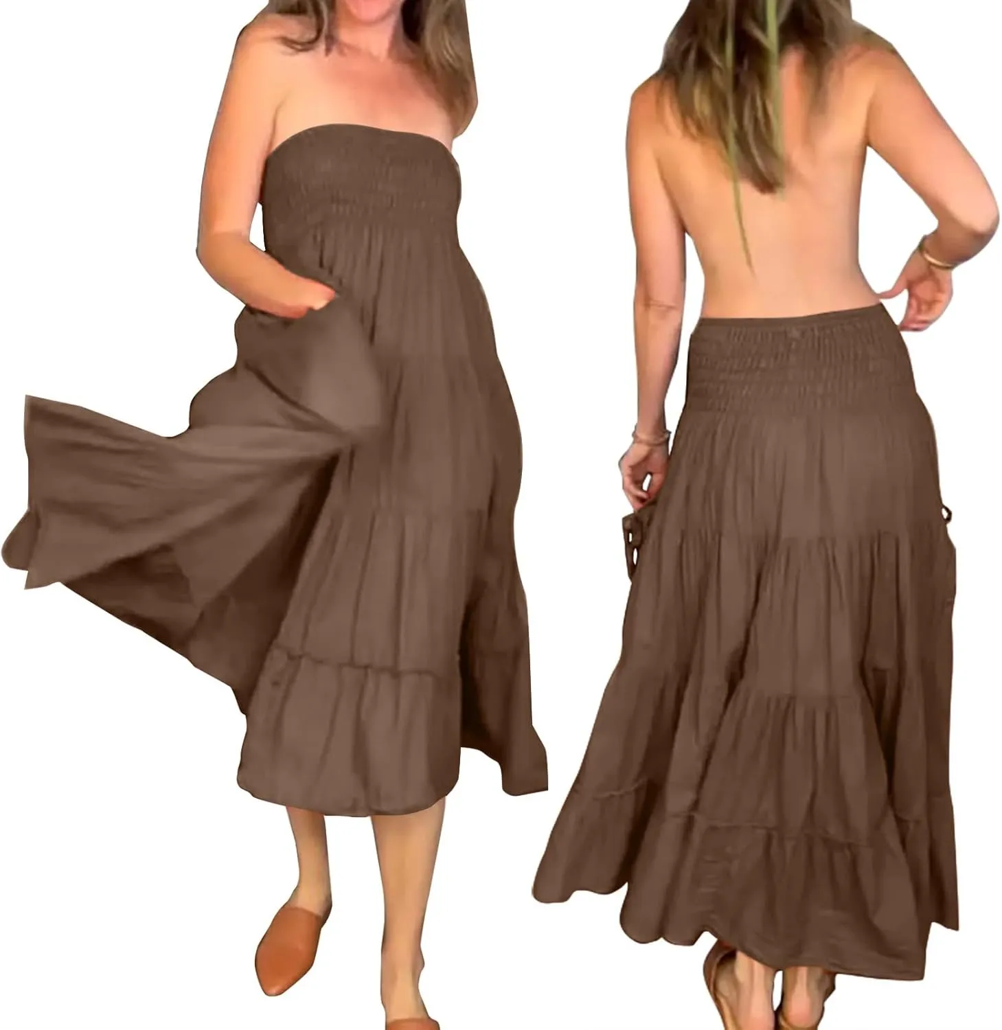 Women Boho Maxi Skirts Western A Line Elastic High Waist Pleated Ruffle Flowy Long Beach Skirts with Pockets