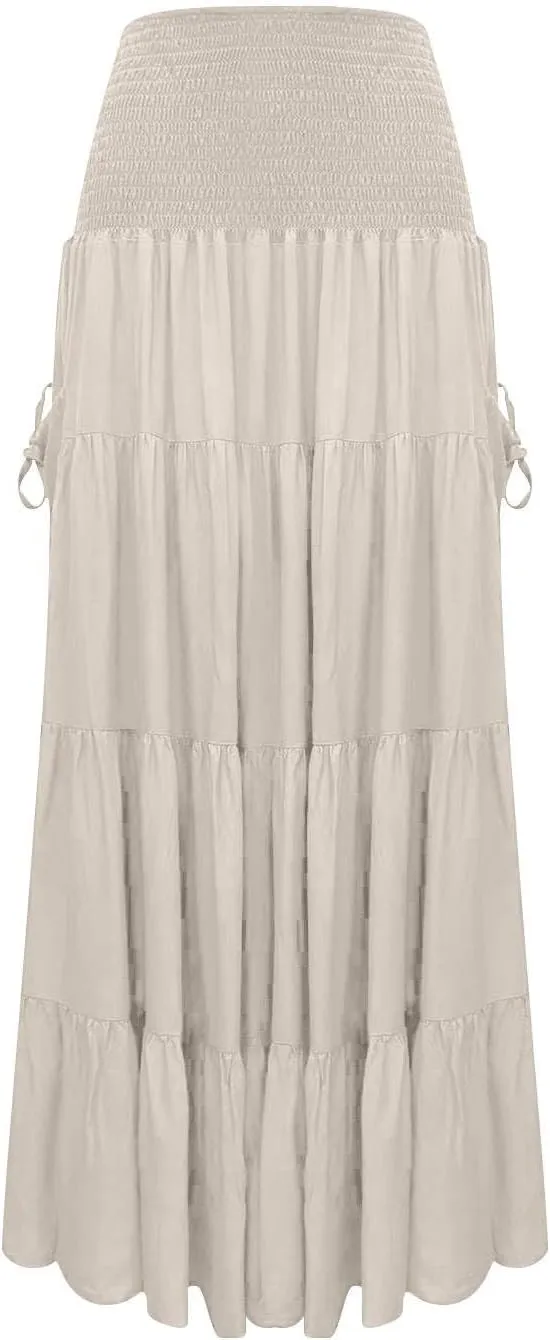 Women Boho Maxi Skirts Western A Line Elastic High Waist Pleated Ruffle Flowy Long Beach Skirts with Pockets