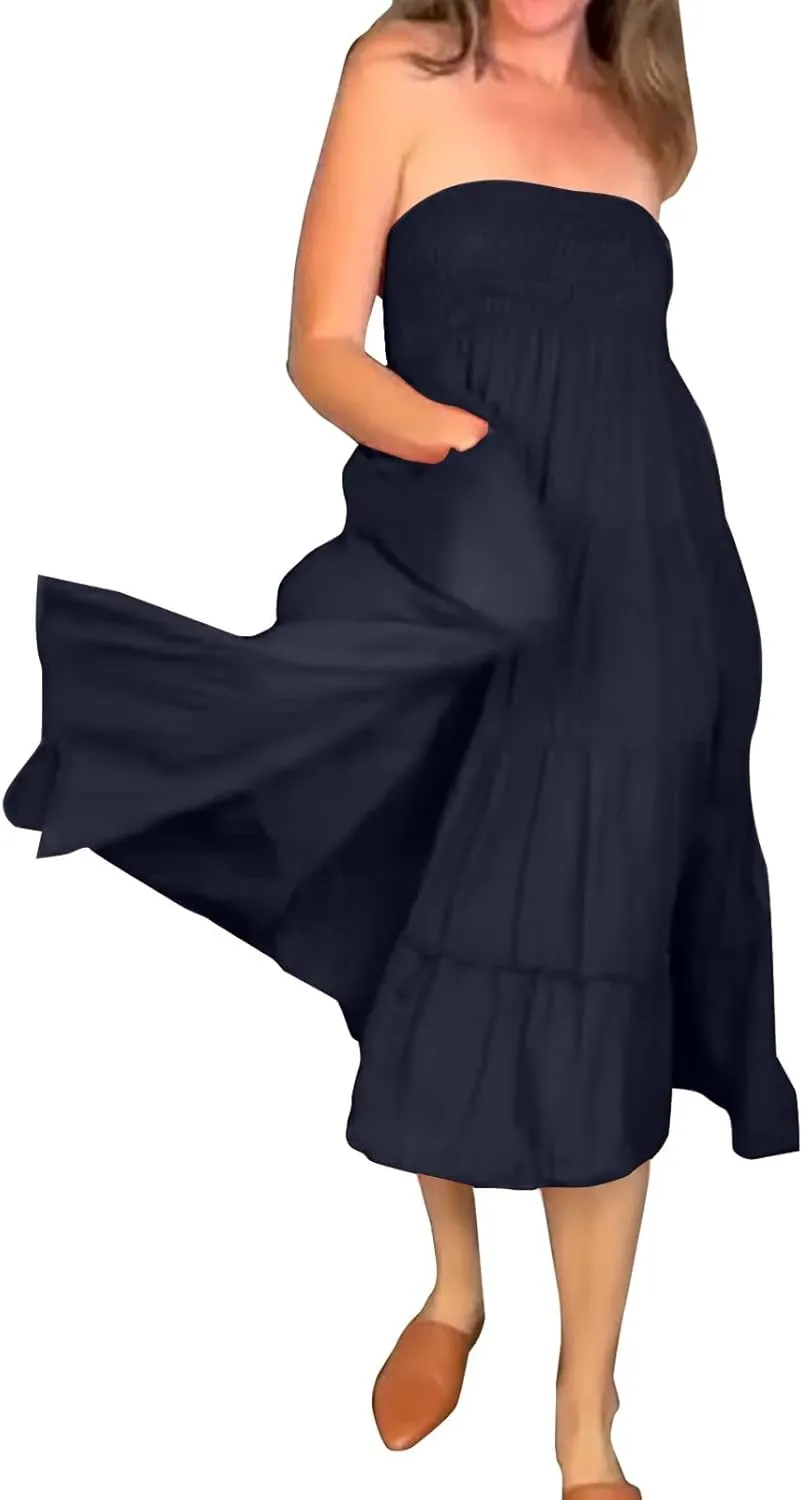 Women Boho Maxi Skirts Western A Line Elastic High Waist Pleated Ruffle Flowy Long Beach Skirts with Pockets