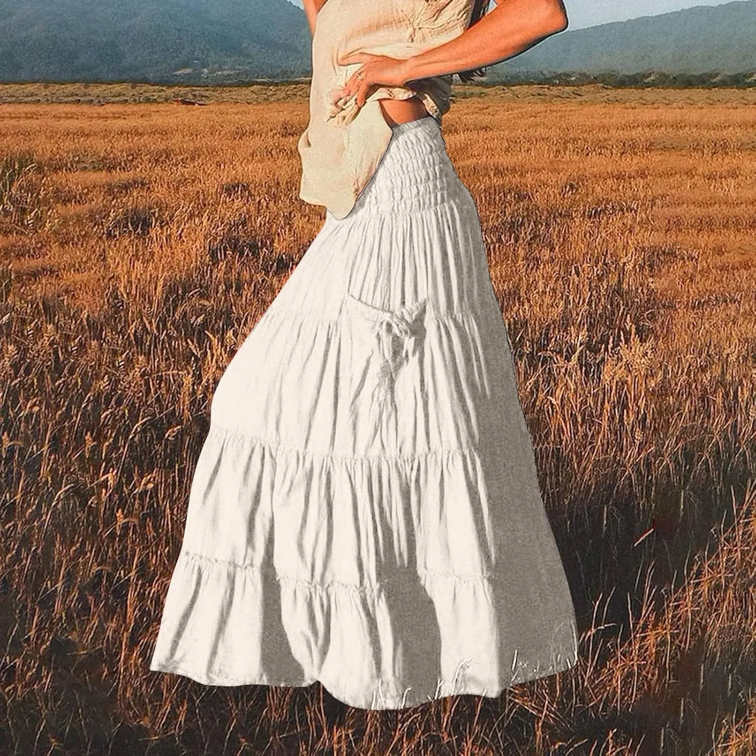 Women Boho Maxi Skirts Western A Line Elastic High Waist Pleated Ruffle Flowy Long Beach Skirts with Pockets