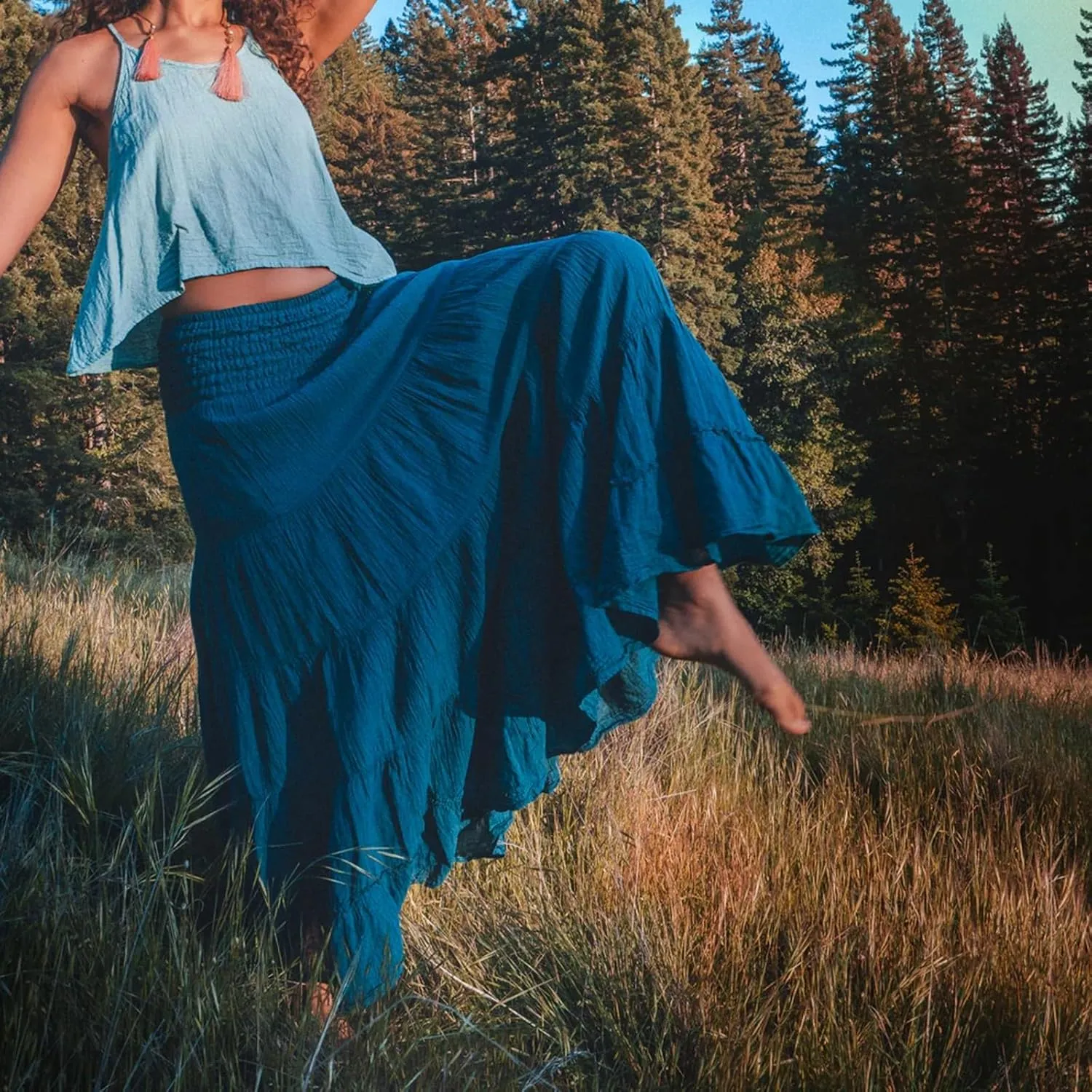 Women Boho Maxi Skirts Western A Line Elastic High Waist Pleated Ruffle Flowy Long Beach Skirts with Pockets