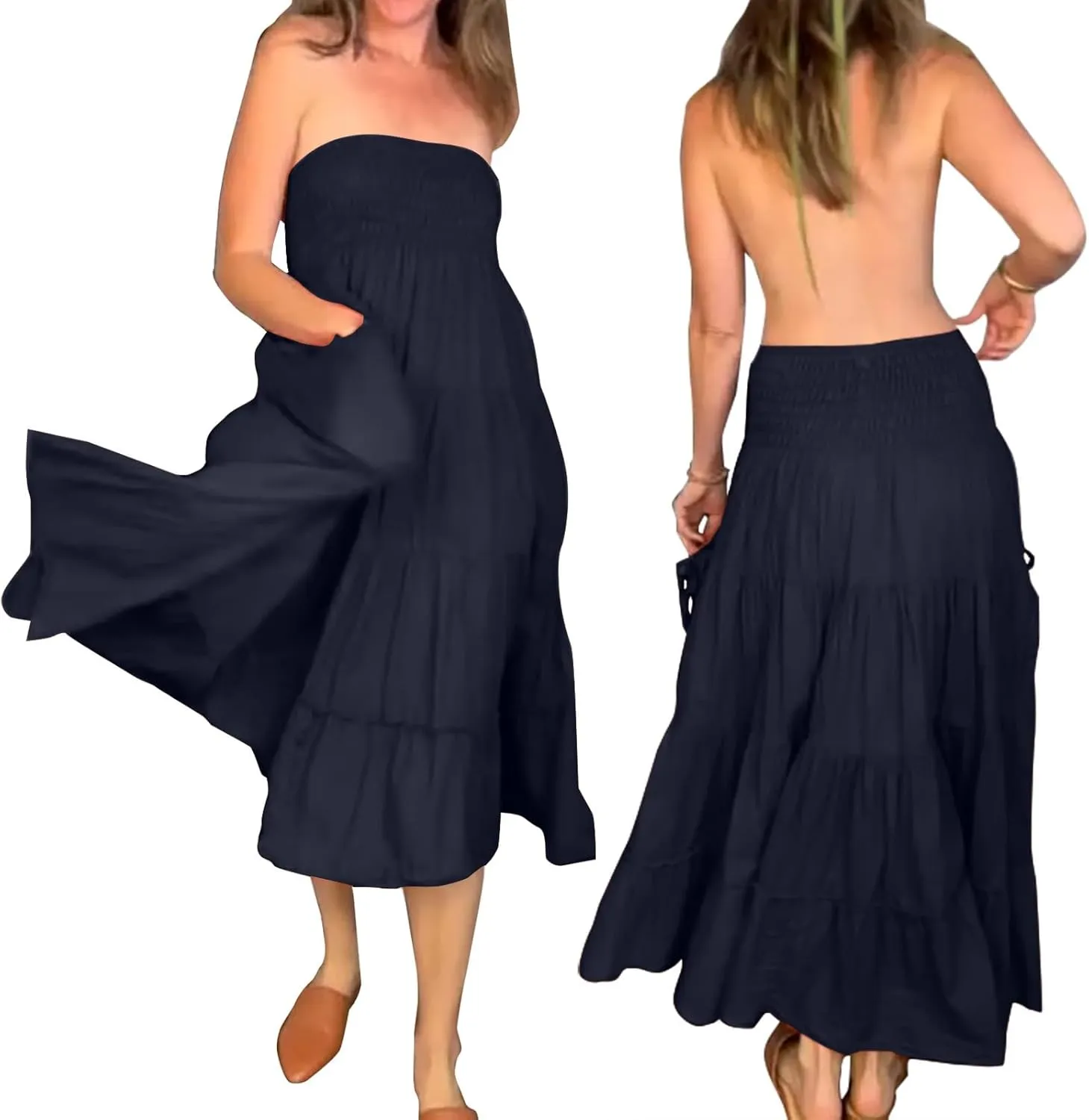 Women Boho Maxi Skirts Western A Line Elastic High Waist Pleated Ruffle Flowy Long Beach Skirts with Pockets