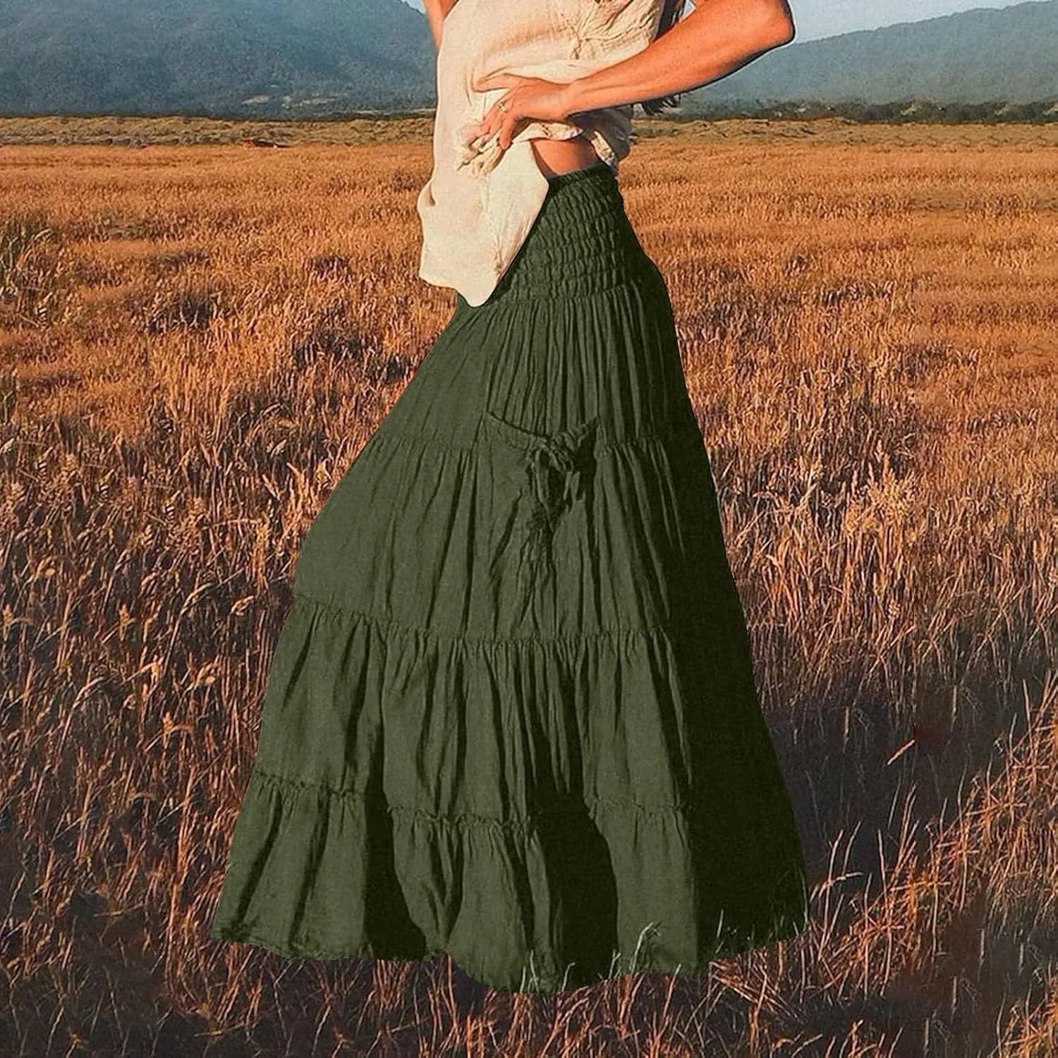 Women Boho Maxi Skirts Western A Line Elastic High Waist Pleated Ruffle Flowy Long Beach Skirts with Pockets