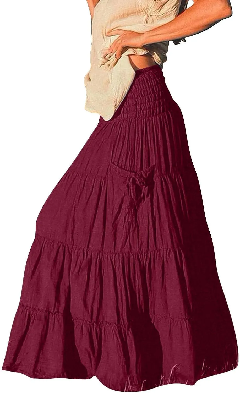Women Boho Maxi Skirts Western A Line Elastic High Waist Pleated Ruffle Flowy Long Beach Skirts with Pockets