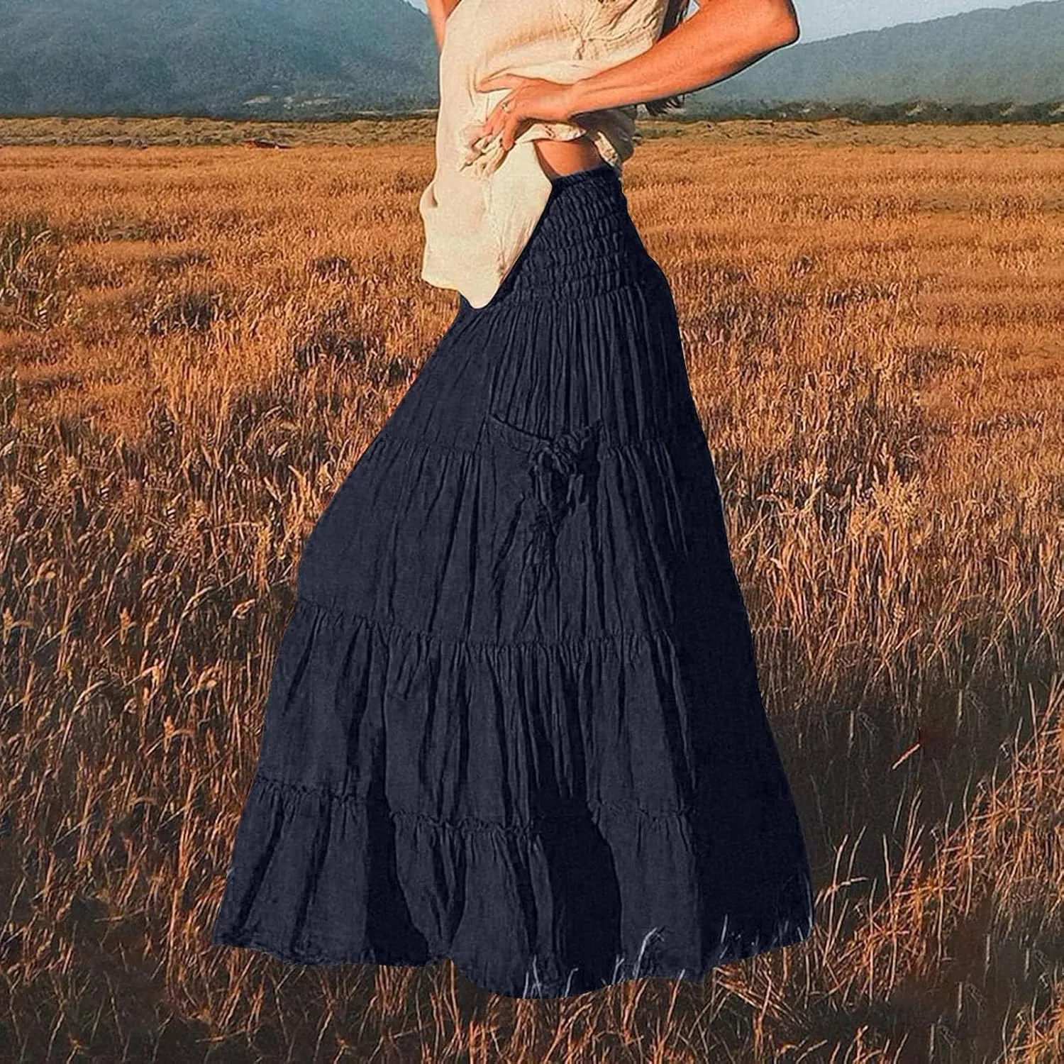 Women Boho Maxi Skirts Western A Line Elastic High Waist Pleated Ruffle Flowy Long Beach Skirts with Pockets