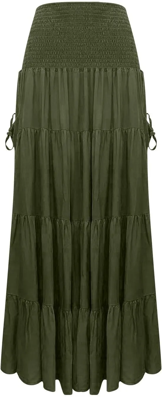 Women Boho Maxi Skirts Western A Line Elastic High Waist Pleated Ruffle Flowy Long Beach Skirts with Pockets