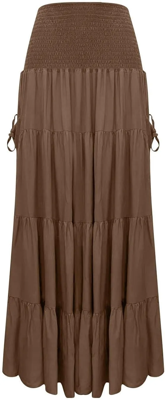 Women Boho Maxi Skirts Western A Line Elastic High Waist Pleated Ruffle Flowy Long Beach Skirts with Pockets